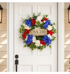 Floral wreath for USA 250th anniversary with red, white, and blue flowers