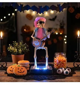 Electric glowing skeleton banjo player Halloween ornament with colorful festive lights