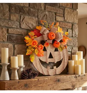 Detail of a rustic wooden pumpkin door sign decorated with autumn leaves and flowers on a mantel