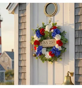 Patriotic red white blue floral wreath for USA 250th anniversary front door decor