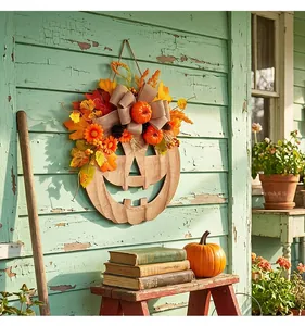 Rustic wooden pumpkin door hanger with autumn leaves and flowers for Halloween decor