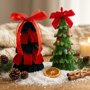 Handmade mini chenille pipe cleaner Christmas tree DIY tabletop decorations with velvet ribbons