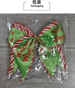 Close-up detail of a Christmas red and green striped bow in its transparent plastic packaging