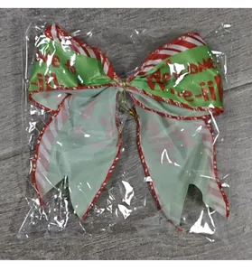 Festive red and green striped Christmas bow accessory in transparent packaging