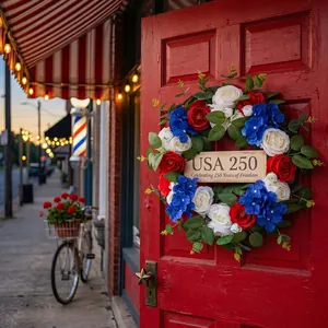 Patriotic red white and blue floral wreath for the USA 250th Independence Day door decor