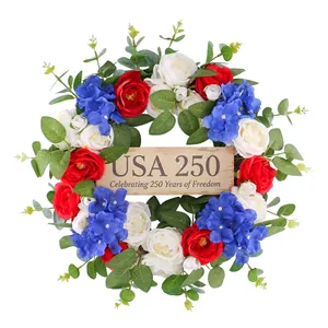 USA 250th anniversary red white and blue floral front door wreath porch decoration