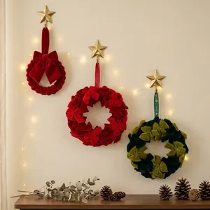 Corona de Navidad de Terciopelo Plástico Hecha a Mano Con Lazos Artificiales Rojo Verde Flocado Guirnalda para Puerta Decoración de Pared del Hogar de Navidad
