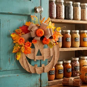 Rustic wooden pumpkin wreath with autumn leaves and ribbon for Halloween door decor