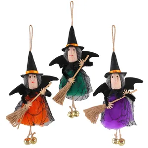 Set van 3 Halloween-heks hangende ornamenten met bezems en bellen voor feestelijke decoratie