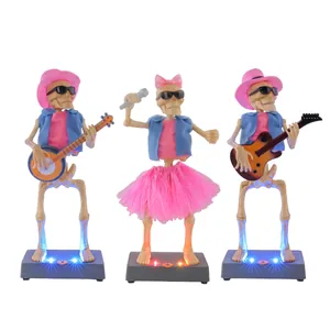 Animated Halloween skeleton band figurines with colorful LED lights and music ornaments