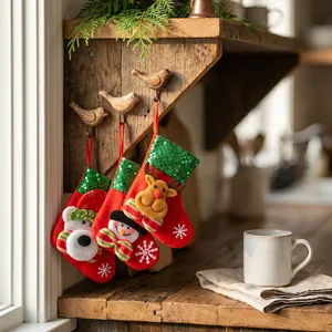 Decorative Christmas stockings featuring reindeer snowman and polar bear on rustic wood