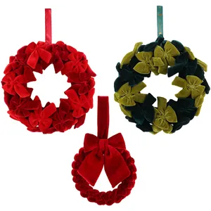 Coronas navideñas de terciopelo hechas a mano con lazos rojos y verdes para decoración puerta