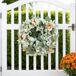 Ghirlanda Scandinava con Orecchia di Agnello e Zucca Bianca per Porta d'Ingresso Autunno Ringraziamento Natale Pianta Artificiale