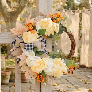 Autumn Wreath For Front Door Thanksgiving Harvest Decoration With Plaid Bow Artificial Flowers Berries Maple Leaves Home Decor