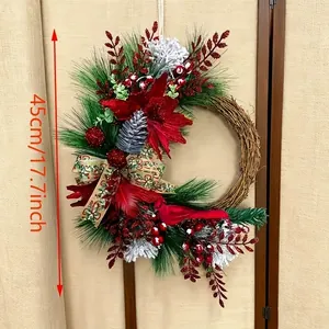 Handgemaakte kerstkrans met rode kardinaalvogel en dennennaalden, hoogte 45 cm lang