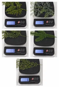 Detailed view of individual artificial pine needle branches being weighed on a digital scale