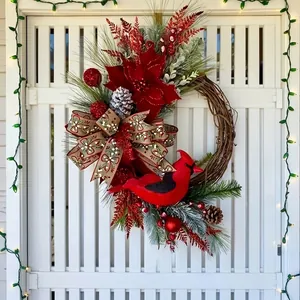 Kerstversiering Halve Krans Rode Kardinaalvogel Kerstster Dennenappel Rotan Krans Voor Voordeur Wandophanging Feestelijk Ornament