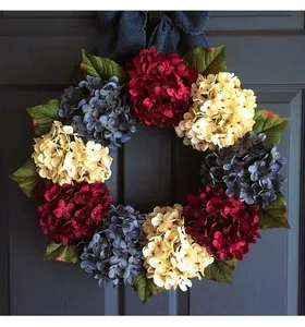 Detailed view of red white and blue hydrangea wreath for Independence Day door decor