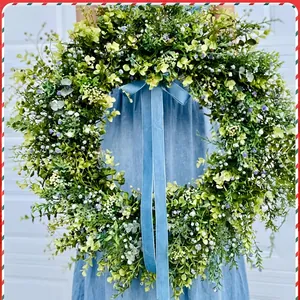 Forest Style Fresh Green Leaf Wreath With Blue Velvet Ribbon Plastic Foam Artificial Floral For Easter Home Courtyard Decor