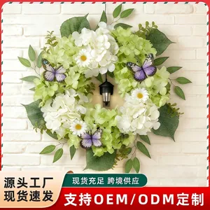 Couronne d'Hortensias et Papillons Artificiels Vert Blanc Fait Main Décoration de Porte pour Printemps Pâques Saint-Valentin