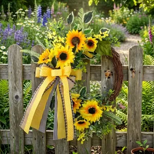 Corona de girasoles de otoño con lazo decorativo para puerta y valla de jardín rústica