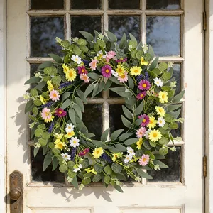 Bunter Frühlings-Wildblumenkranz mit Eukalyptusblättern für die Haustür-Dekoration