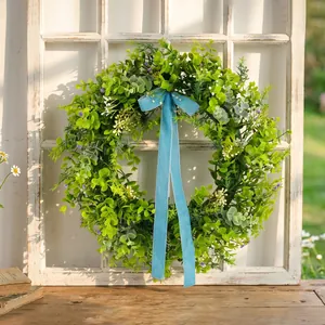 Forest style green artificial leaf wreath with light blue velvet ribbon for home garden decor