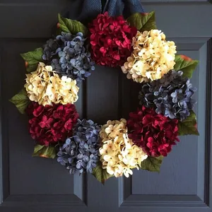 Independence Day Wreath Red White Blue Artificial Hydrangea Wreath Patriotic Cloth Flower Natural Vine Ring Door Hanging Decoration For Home July 4th Party