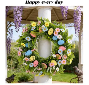Vibrant Easter wreath with colorful eggs and daisies on a white garden pillar.