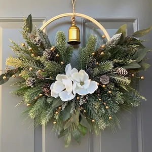 Christmas Magnolia Wreath With Metal Bell Pine Needles Pine Cones Plastic Foam Door Hanging Festival Scene Home Decoration