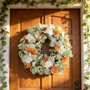 Guirnalda de Otoño Acción de Gracias Guirnalda Artificial de Hojas de Oreja de Cordero Flores Blancas Hojas Naranjas Bellotas Decoración Puerta