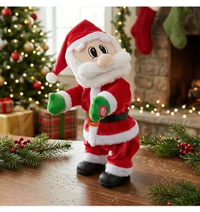 Nahaufnahme des animierten Weihnachtsmanns, der vor einem Weihnachtsbaum tanzt