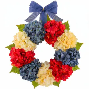 Patriotic red white and blue hydrangea wreath for Independence Day front door decor.