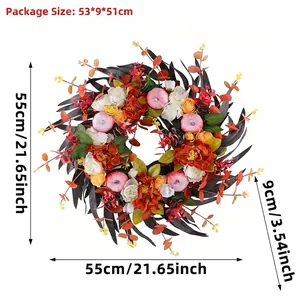 Artificial autumn door wreath with black eucalyptus leaves and pink pumpkins, 55cm