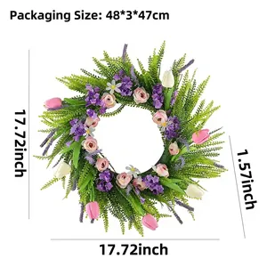Colorful spring artificial flower wreath with pink tulips and purple lavender details