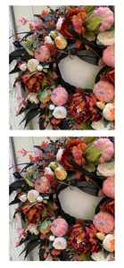 Detailed macro view of an autumnal wreath featuring dark black leaves and colorful pumpkins