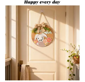 Decorazione pasquale da porta in legno con coniglietto, fiocco in juta e fiori