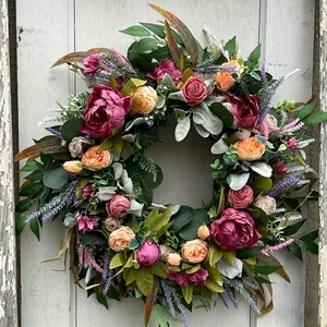 Rustic autumn peony and rose artificial wreath for Thanksgiving front door decor