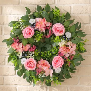 Artificial Plastic Pink Rose Wreath Easter Spring Flower Garland For Front Door Wall Decoration Home Hanging Ornament
