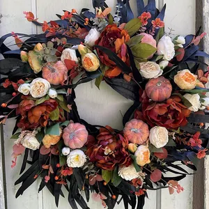 Gothic Black Leaf Pumpkin Wreath Artificial Peony Flower Garland Halloween Door Decoration Autumn Thanksgiving Home Wall Party Decor