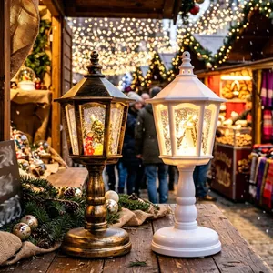 Vintage Christmas lantern snow globe table lamps with warm LED light for holiday decor
