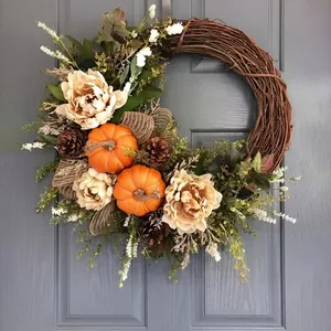 Herbst Thanksgiving Kranz Mit Künstlichem Kürbis Kiefernzapfen Pfingstrose Blume Rattan Basis Erntedankfest Haus Tür Deko