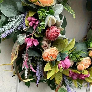 Vibrant autumn harvest peony wreath with lush green leaves for Thanksgiving home door decor