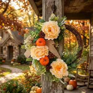 Herbstlicher Erntedankkranz mit cremefarbenen Pfingstrosen und Kürbissen für Deko