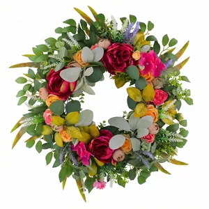 Colorful artificial peony and rose wreath for autumn harvest and Thanksgiving door decor