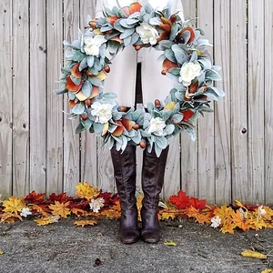 Artificial Autumn Wreath With Maple Leaves Acorns For Front Door Thanksgiving Harvest Decoration Rustic Home Ornament 40cm