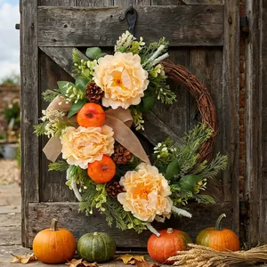Wunderschöner herbstlicher Erntekranz mit Pfingstrosen und Kürbissen für Thanksgiving