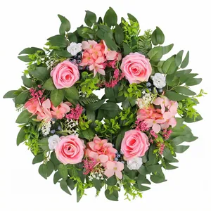 Artificial spring rose wreath with pink hydrangeas for home front door wall decor