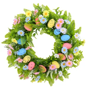 Vibrant Easter wreath with colorful eggs and daisies for spring door decor