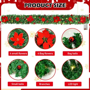 Detailansicht der Weihnachtsgirlande mit LED-Lichtern und roten Blumenornamenten